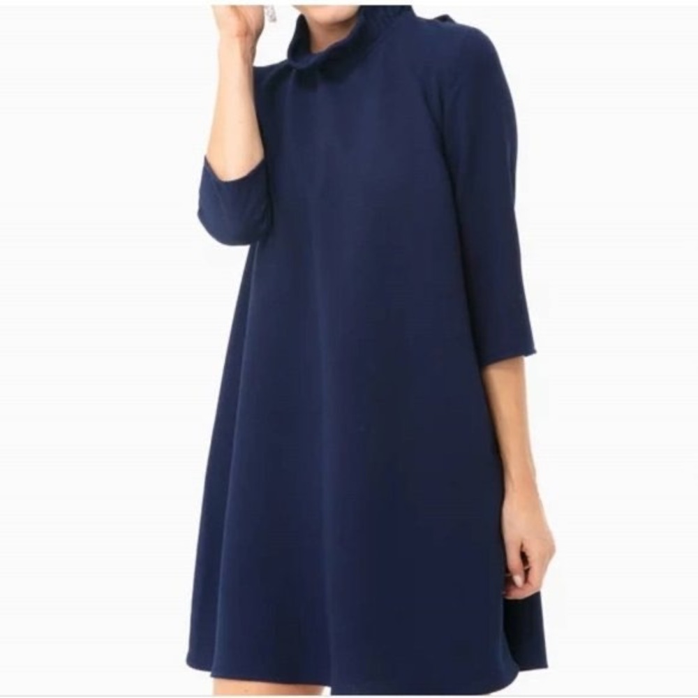 Pomander Place Tuckernuck Daphne Navy Blue Ruffle Neck Bow Back Shift Dress M